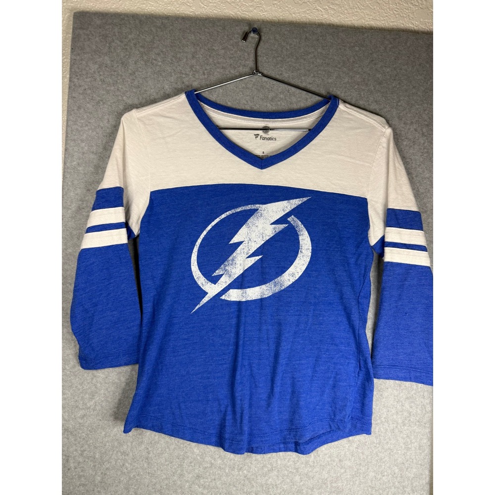 Fanatics Tampa Bay Lightning Womens Small Blue White 3/4 Sleeve V-Neck NHL Shirt